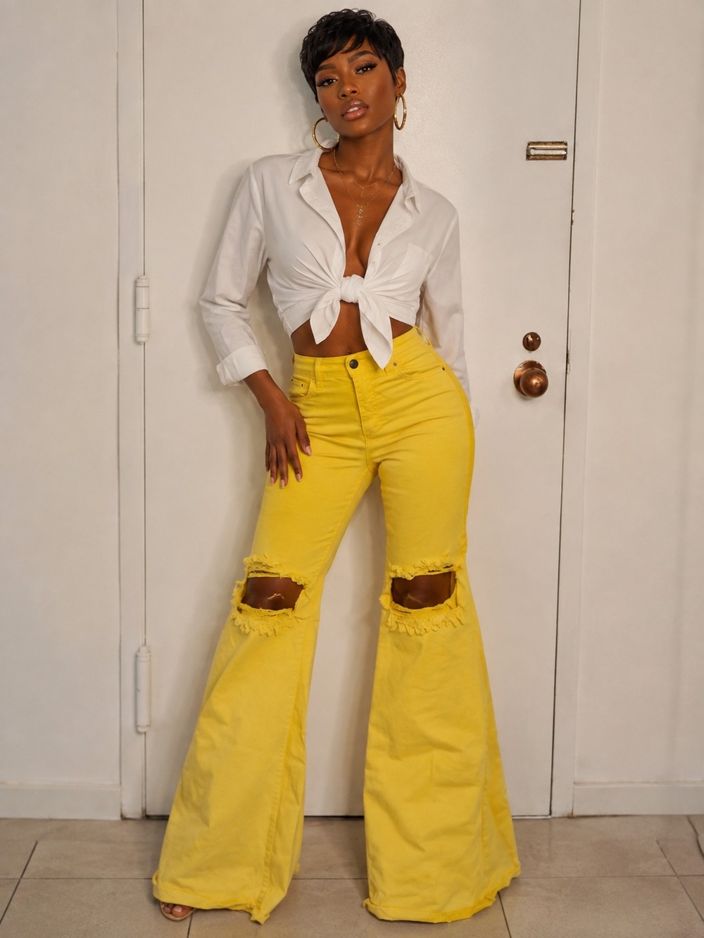 GJG Denim High-Rise Yellow Distressed Flare-Leg Jeans for Women 😮‍💨💛🫰🏾